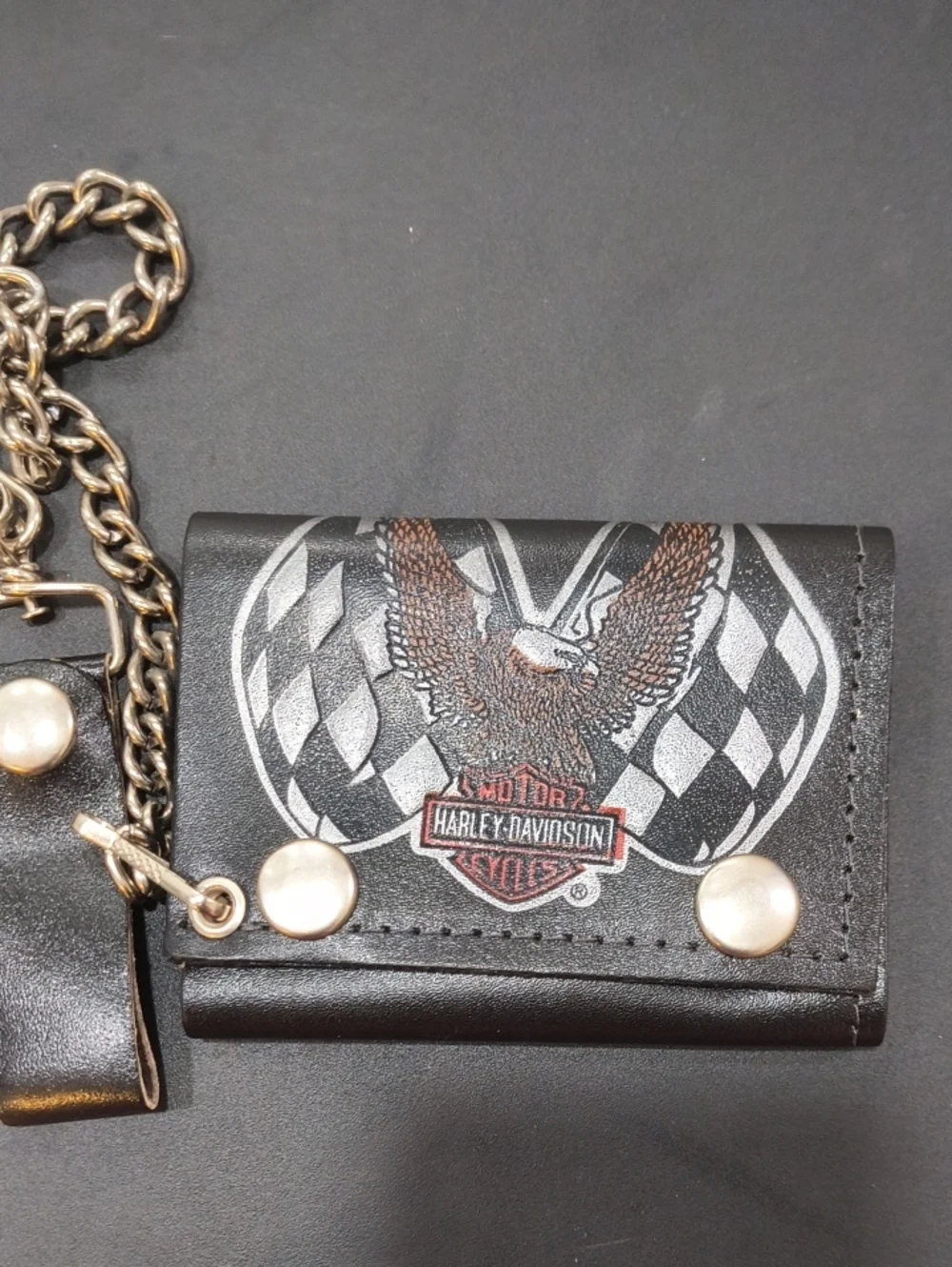 Vintage Harley-Davidson Black Trifold Wallet with Eagle and Checkered Flags 1978